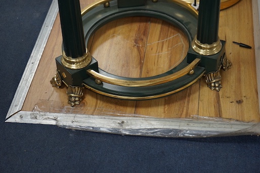 An Empire style circular brass mounted glass top occasional table, diameter 60cm, height 62cm